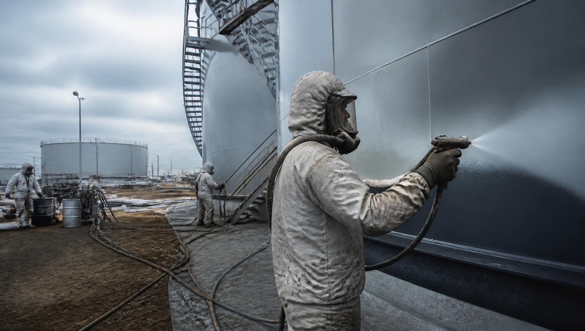 Coating crew spray-applying protective coating to industrial storage tanks